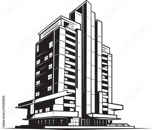 Noir Residential Tower Outline Black Multifloor Building Design Midnight Mixed Use Sketch Vector Building Icon in Black