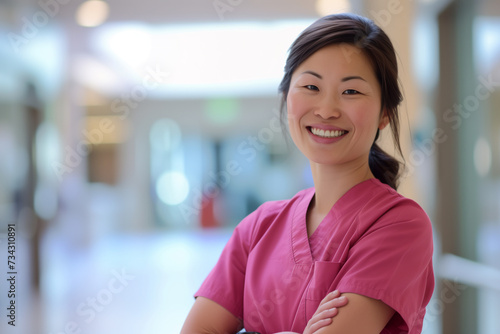 Smiling Asian Female Nurse with Arms Crossed in Hospital