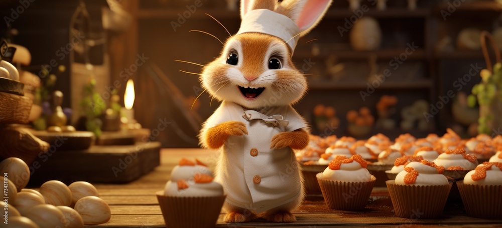 Charming little rabbit chef baking delicious carrot cupcakes. Banner.