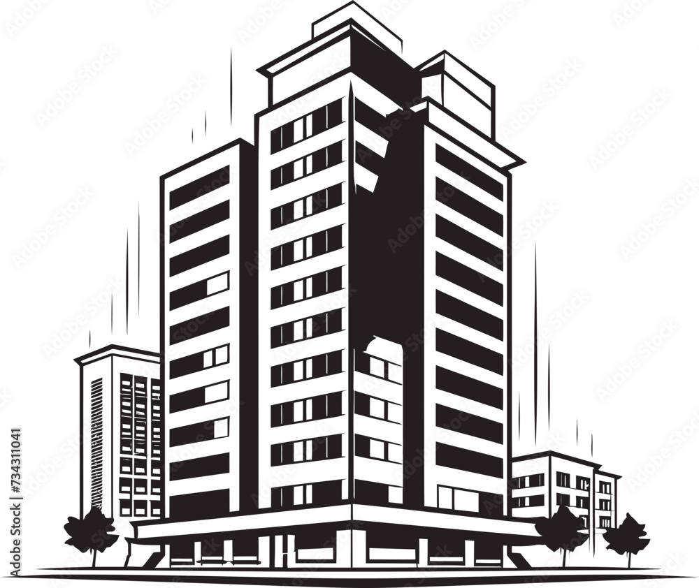 Noir Corporate Complex Sketch Vector Building Sketch in Noir Midnight Apartment Complex Outline Black Multifloor Building Design