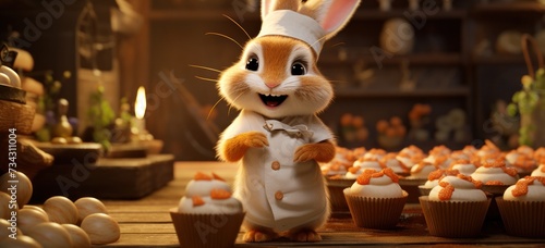 Charming little rabbit chef baking delicious carrot cupcakes. Banner. © Postproduction