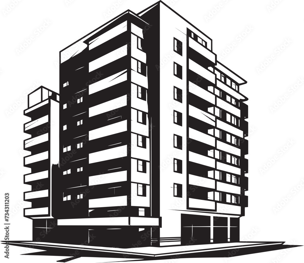 Charcoal Mixed Use Silhouette Black Multifloor Sketch Noir Urban Development Design Vector Sketch in Black