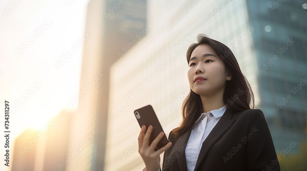 Generative AI : Young busy successful beautiful Asian business woman, holding cellphone using smartphone 