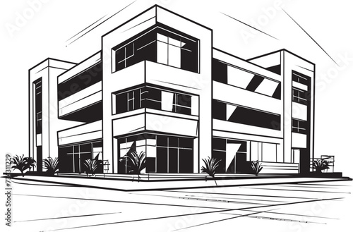 Midnight Urban Development Outline Black Multifloor Sketch Shadowy Apartment Complex Vector Building Design in Black