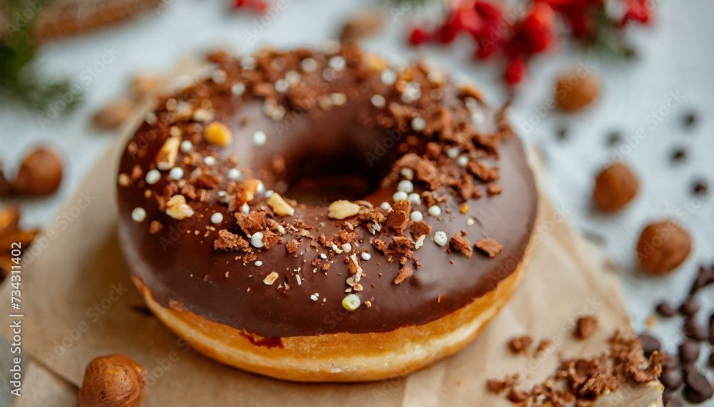 Close up photo of pretty chocolatte donut on table scene Close up photo of pretty chocolatte donut on table scene