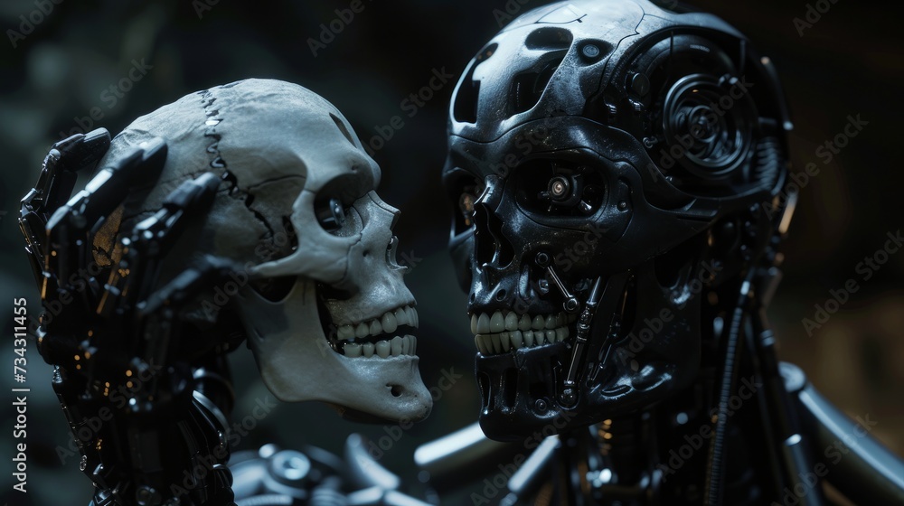 A cyborg holds a human skull in its hand A cyborg holds a human skull in its hand