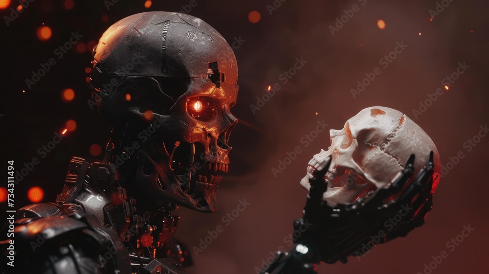 A cyborg holds a human skull in its hand