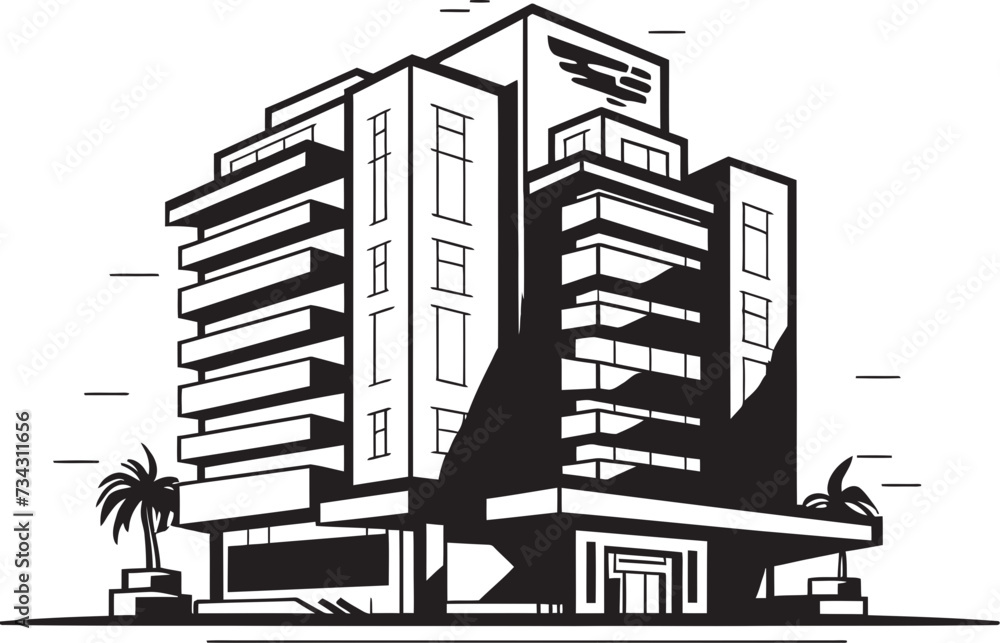 Obraz premium Midnight Corporate Tower Blueprint Black Multifloor Building Sketch Shadowed Mixed Use Sketch Vector Building in Black