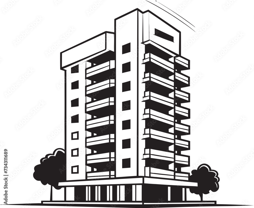 Obraz premium Shadowy Residential Tower Outline Black Multifloor Building Design Nightfall Commercial Concept Vector Building Icon in Noir