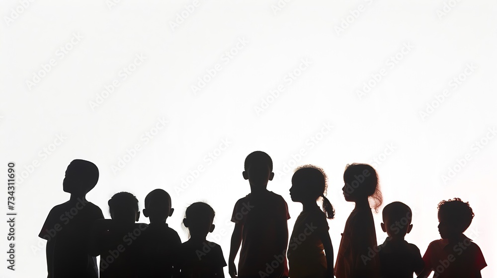 Generative AI : Silhouette back refugee kid group.Responsible. World refugee day.