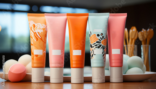 A shelf of beauty products  creams, lotions, and moisturizers generated by AI