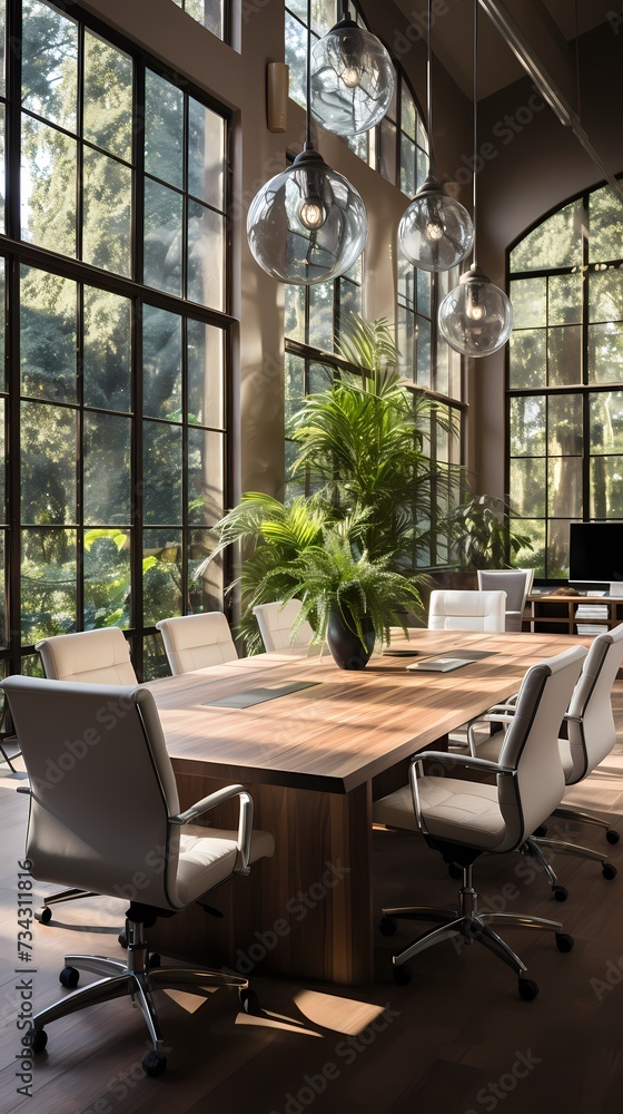 A contemporary conference room with a long wooden table and sleek white chairs. The room is adorned with pendant lights, casting a soft and inviting glow. The walls feature large windows, 