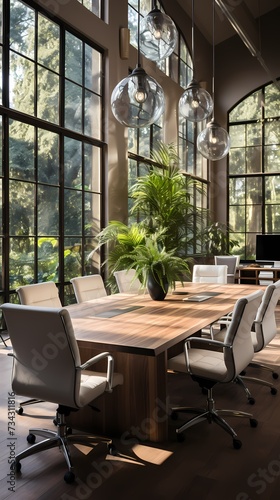 A contemporary conference room with a long wooden table and sleek white chairs. The room is adorned with pendant lights, casting a soft and inviting glow. The walls feature large windows, 