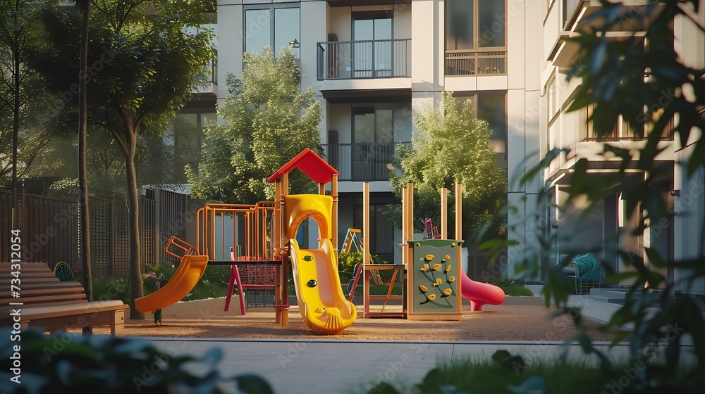 Generative AI : Playground for children in courtyard of residential building Generative AI : Playground for children in courtyard of residential building