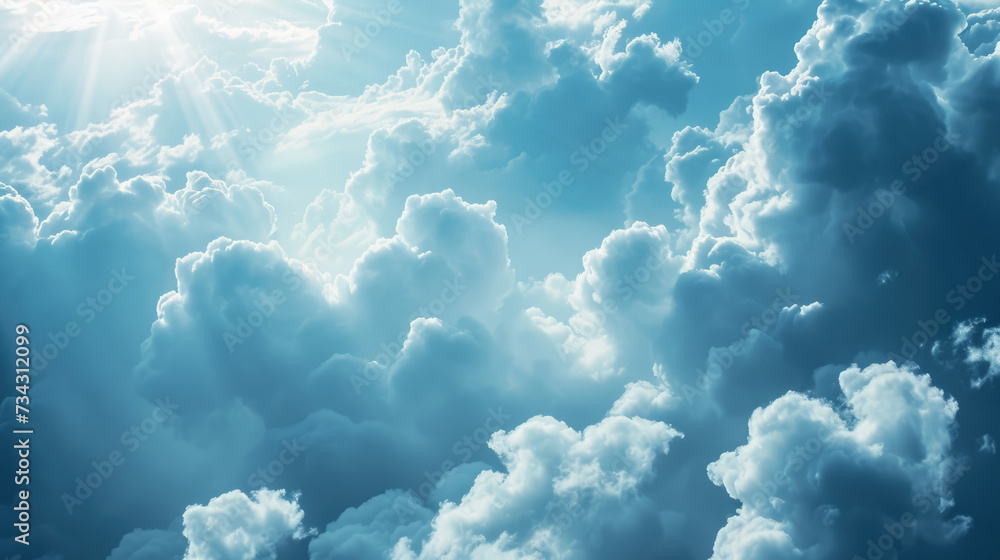 Serene celestial cloudscape with sunbeams, invoking a tranquil heavenly atmosphere. - obrazy, fototapety, plakaty 