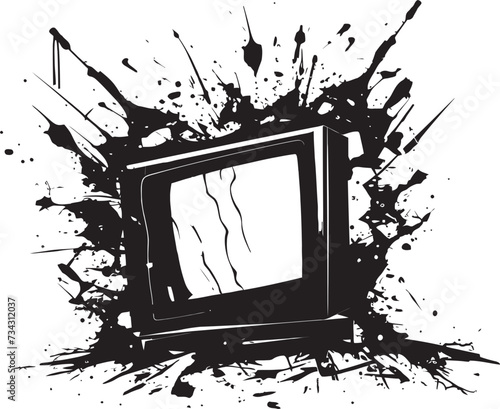 Fractured Flatpanel Black Element of Broken TV in Noir Fragmented Flatscreen Vector Graphic of Smashed TV