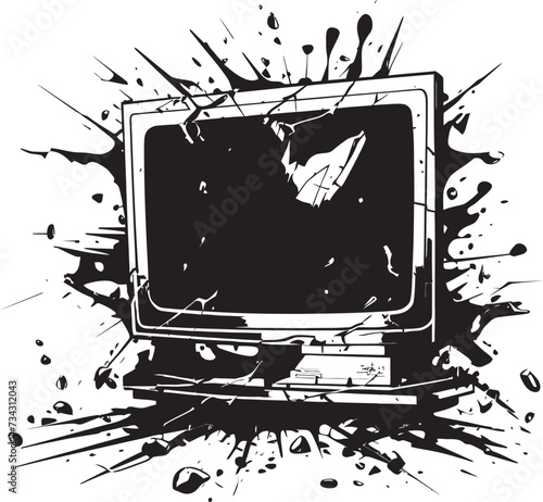 Fragmented Flatscreen Vector Graphic of Smashed TV Cracked Console Black Vector of Broken Television