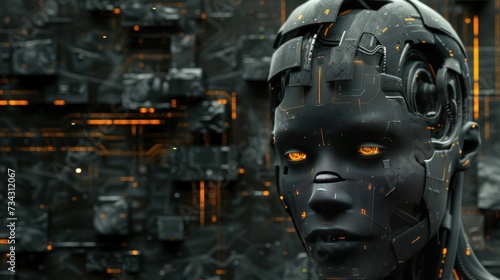 A male bot face is depicted against a dark digital background, representing artificial intelligence within virtual reality. The conceptual design showcases a close-up portrait of the robot head