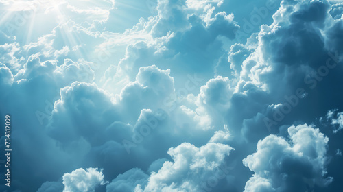 Serene celestial cloudscape with sunbeams, invoking a tranquil heavenly atmosphere.