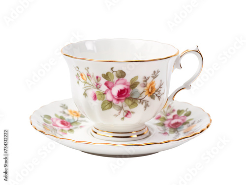 a teacup with a saucer and a flower design