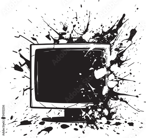 Fractured Flatpanel Black Icon of Broken Television Screen Fragmented Flatscreen Vector Graphic of Smashed Television Screen