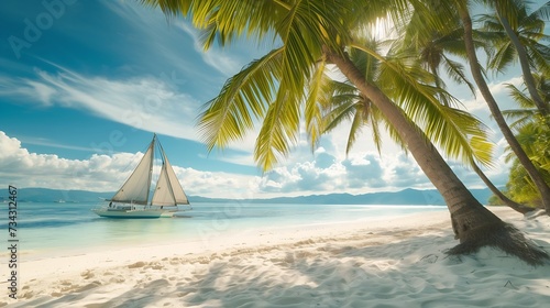 Generative AI : Beautiful landscape of tropical beach. Coconut palm trees, sea, sailboat and white sand. 