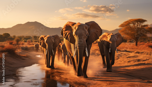 African elephant herd walking in nature tranquil sunset beauty generated by AI