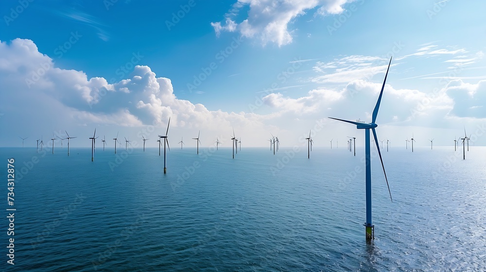 Generative AI : offshore windmill park with clouds and a blue sky, windmill park in the ocean aerial view with wind turbine 