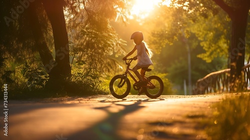 Generative AI : kid girl rides a bike in nature in park on the road. happy family kid dream concept.  © The Little Hut