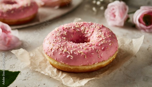 Close up photo of pretty pink donut on table scene
