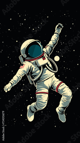 Person flying in outer Space. White spacesuit. Astronaut or spaceman. Cute character. Cartoon flat style. Hand drawn Vector illustration. Isolated design element. Exploration, discovery concept