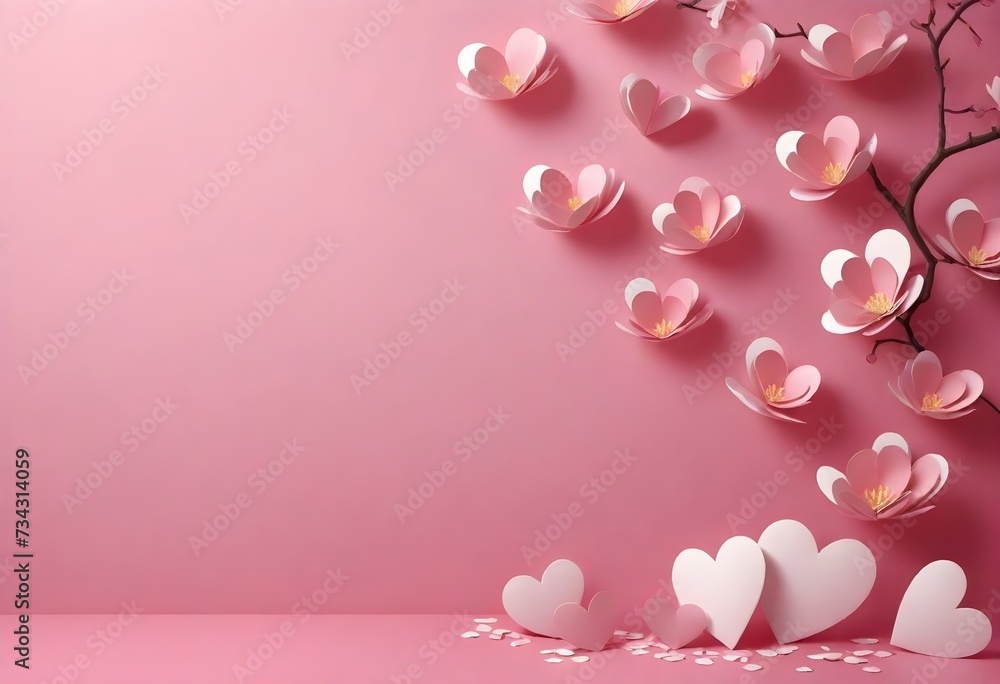  An arrangement of pink and white heart-shaped flowers and petals on branches against a plain pink background