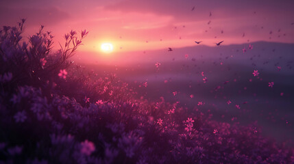 Leinwandbilder Purpur Field with purple flowers under a pink sky, with birds flying and petals drifting in the breeze  © Ameli Studio