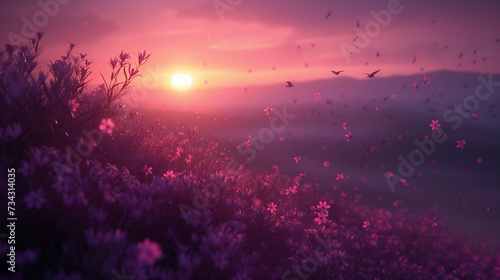 Field with purple flowers under a pink sky  with birds flying and petals drifting in the breeze