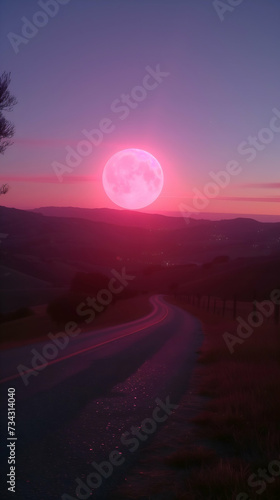 Giant pink moon rising above a curvy road with a pink and purple twilight sky