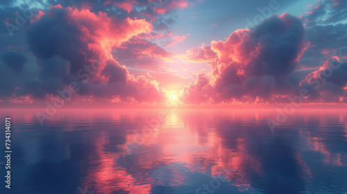 Clouds colored in pink and orange hues over a calm sea, with the sun setting on the horizon