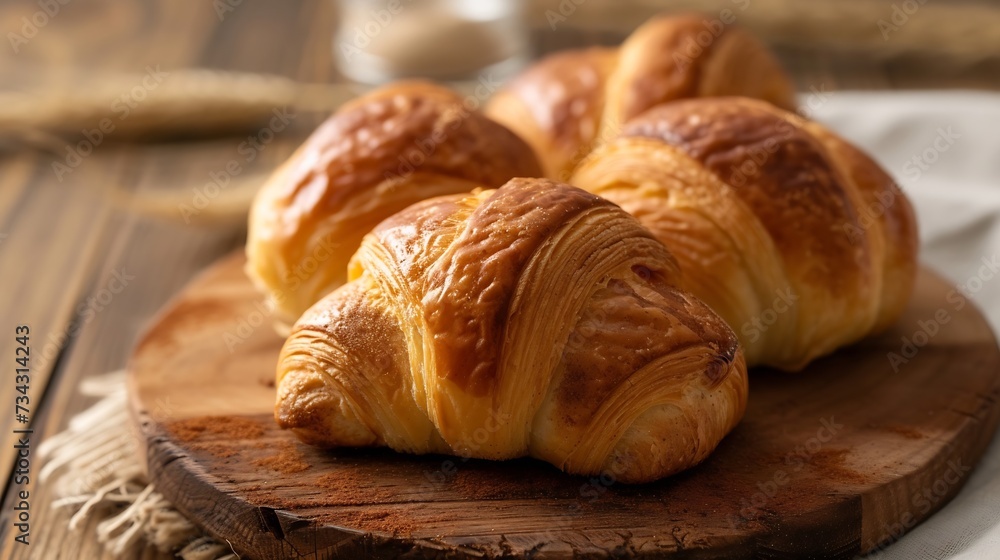 Generative AI : Homemade breads or bun on wood background, croissant puff cinnamon, breakfast food