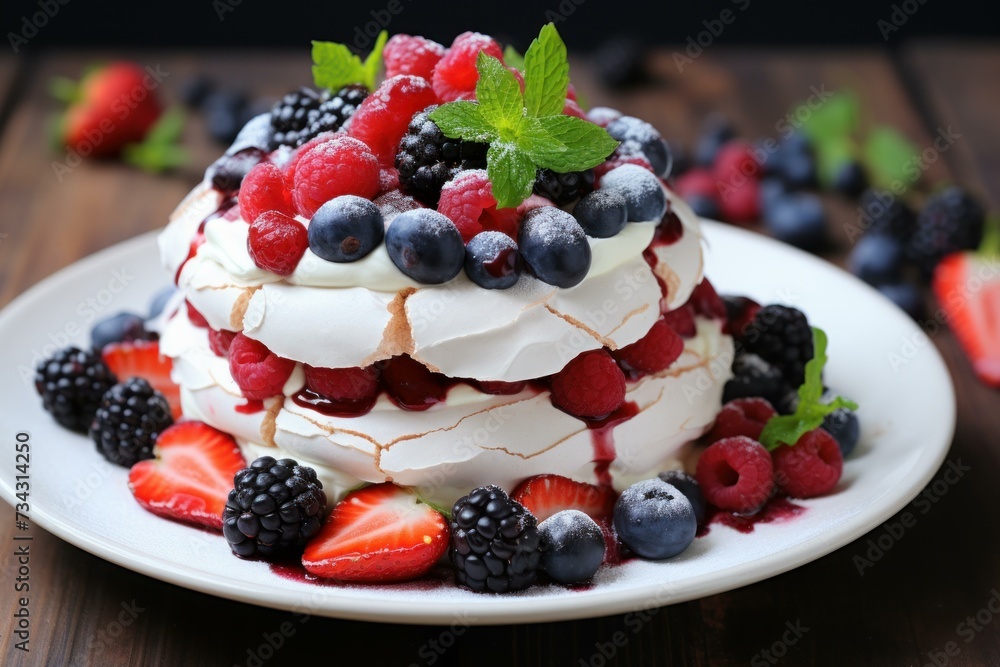 Fluffy Pavlova cake berries. White fruit bakery. Generate Ai Fluffy Pavlova cake berries. White fruit bakery. Generate Ai