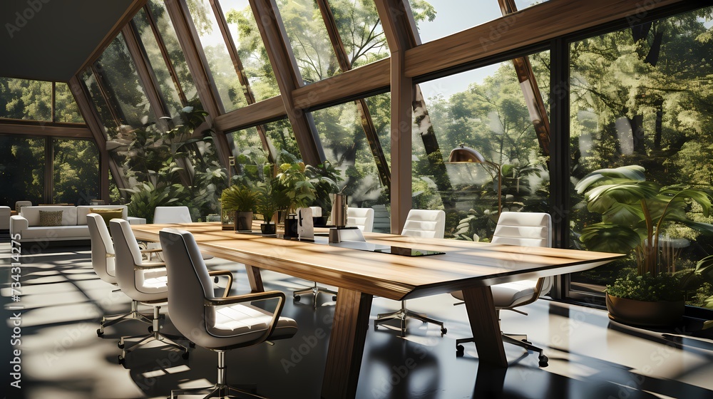 A modern conference room with a long wooden table and minimalist white chairs. The room features floor-to-ceiling windows overlooking a lush garden, bringing nature indoors