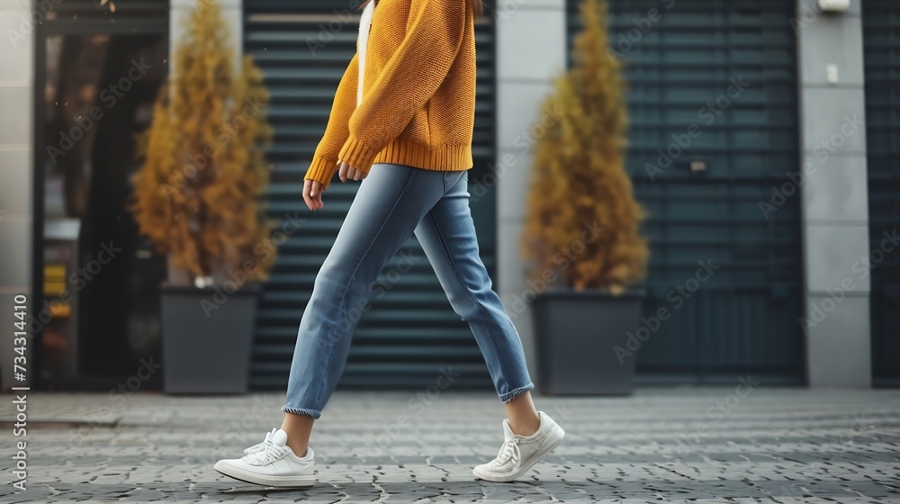 Generative AI : Full length body size side profile photo of girl walking fast smiling isolated on bright blue color background Generative AI : Full length body size side profile photo of girl walking fast smiling isolated on bright blue color background