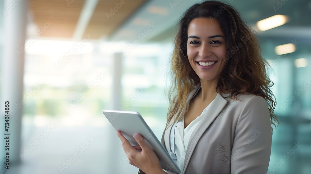 Generative AI : Young happy business woman working with tablet in corporate office Generative AI : Young happy business woman working with tablet in corporate office