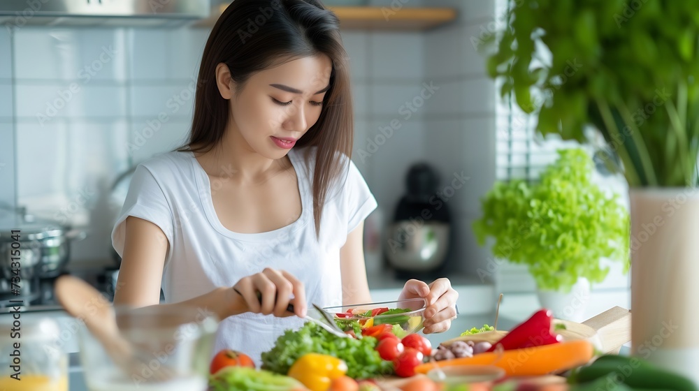 Generative AI : Portrait of slim healthy woman having fun cooking and preparing cooking vegan food healthy 