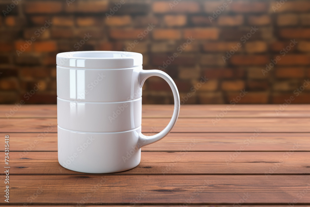 Taza de cerámica blanca sobre superficie de madera y fondo de pared de ladrillo Taza de cerámica blanca sobre superficie de madera y fondo de pared de ladrillo