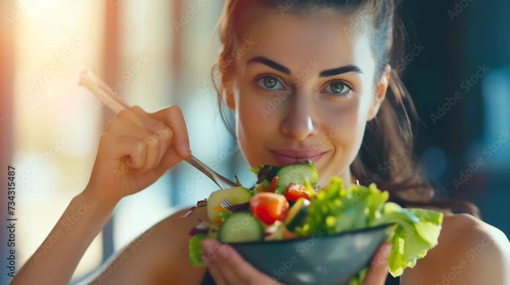 Generative AI : Beautiful fit woman eating healthy salad after fitness workout Generative AI : Beautiful fit woman eating healthy salad after fitness workout