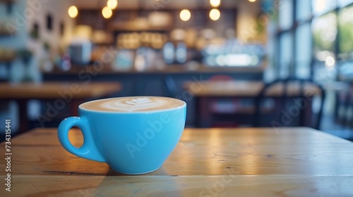Generative AI : Coffee in blue cup on wooden table in cafe with lighting background