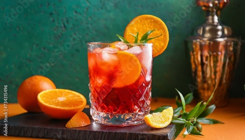 Glass of delicious Negroni cocktail and oranges on color background