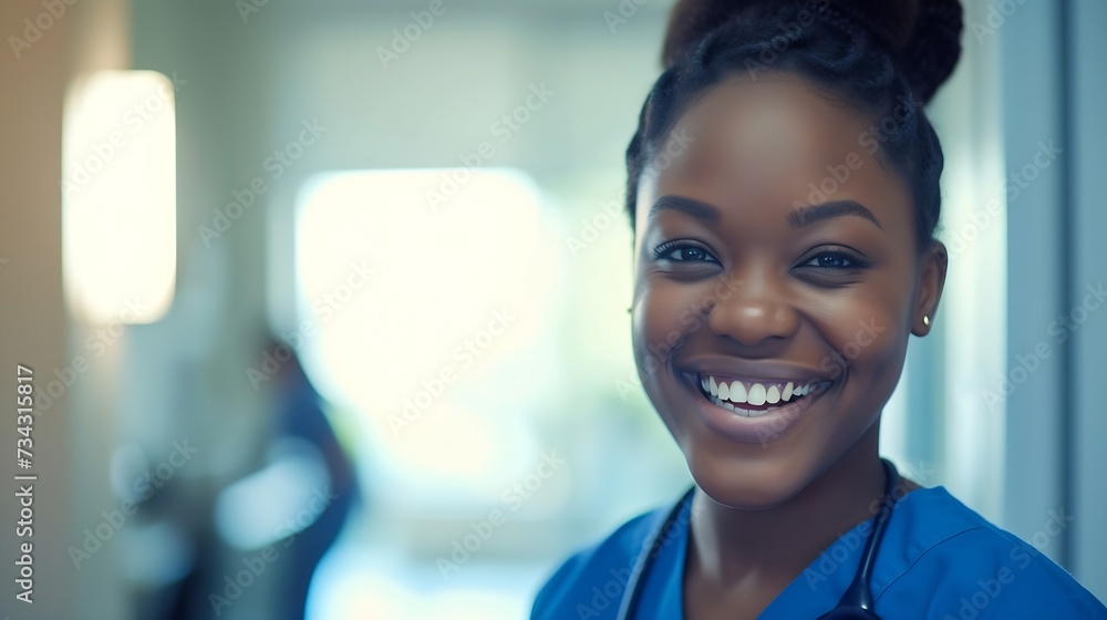 Fototapeta premium Generative AI : Portrait Of Smiling Female Doctor Wearing Scrubs With Stethoscope In Hospital Office