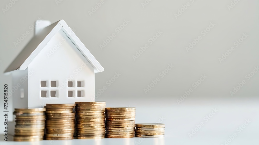 Generative AI : View of coin stack with house model, mortgage loading real estate property with loan money bank concept Generative AI : View of coin stack with house model, mortgage loading real estate property with loan money bank concept
