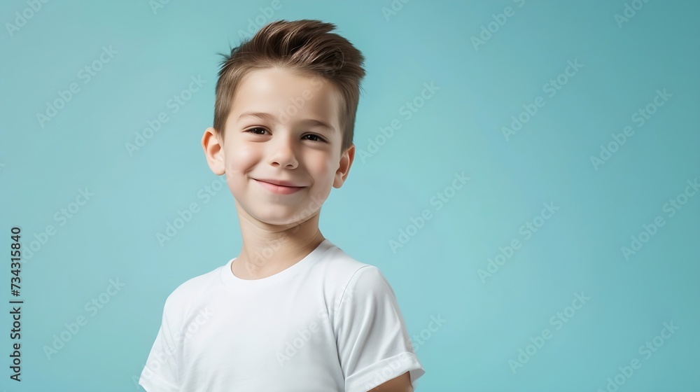 Generative AI : Cute smiling boylooking at camera in isolated studio light blue color background Generative AI : Cute smiling boylooking at camera in isolated studio light blue color background