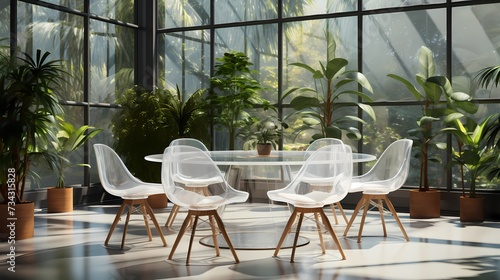 A minimalist meeting space with a round white table and transparent chairs. The room is bathed in natural light, emphasizing the simplicity and elegance of the furniture